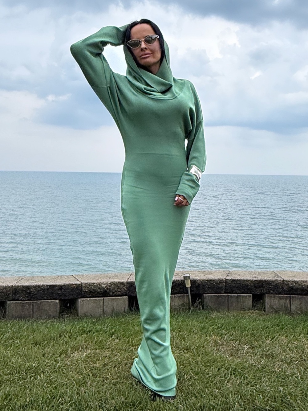 Hooded Long-Sleeve Maxi Dress in Sage Green